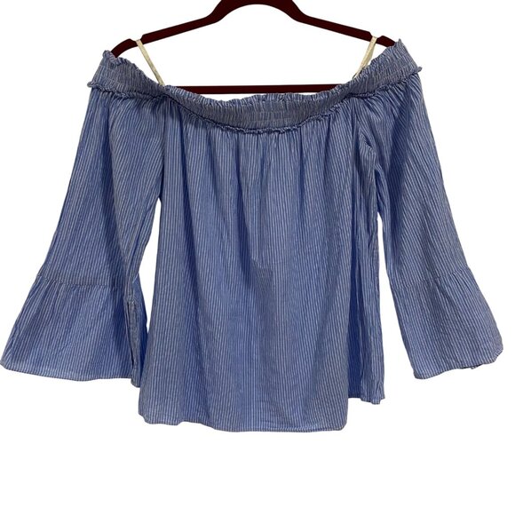Lilly Pulitzer Moira Off the Shoulder Blue White Striped Blouse Size L - Picture 5 of 8